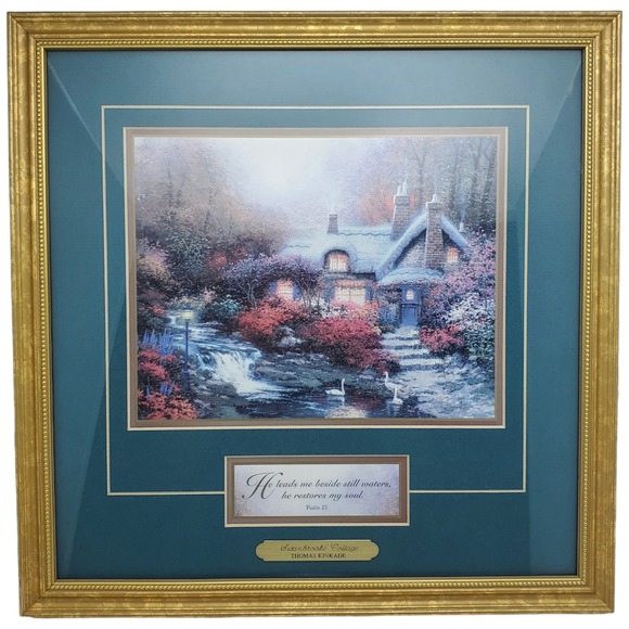 Thomas‎ Kinkade Accent Prints Framed Art Serene Cottage Psalm 23 Gold Frame - Picture 2 of 16